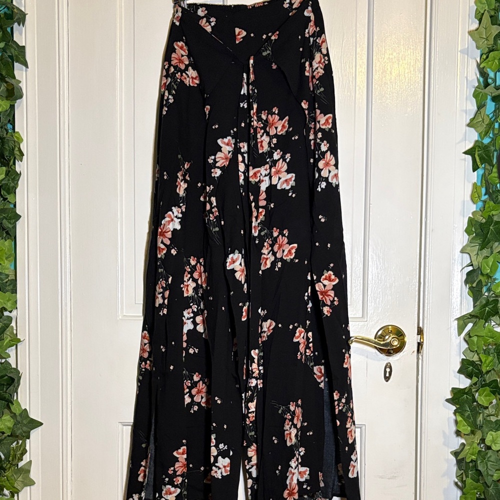Black Floral Split Leg Pants